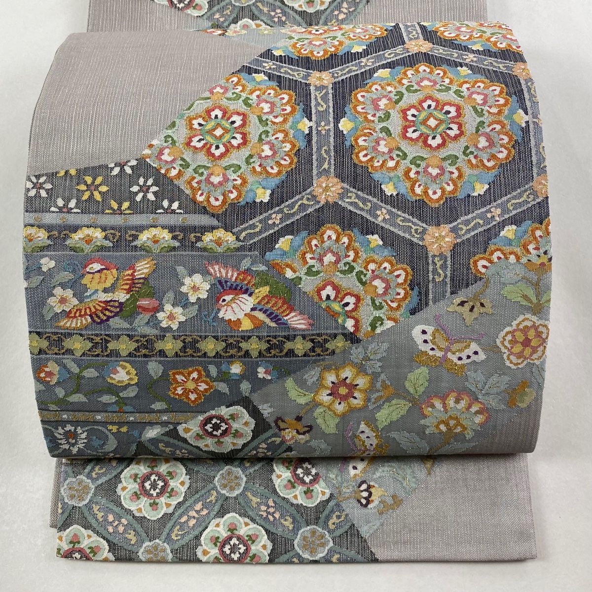 袋帯 夏帯 華文 鳥 金銀糸 青灰色 六通 正絹