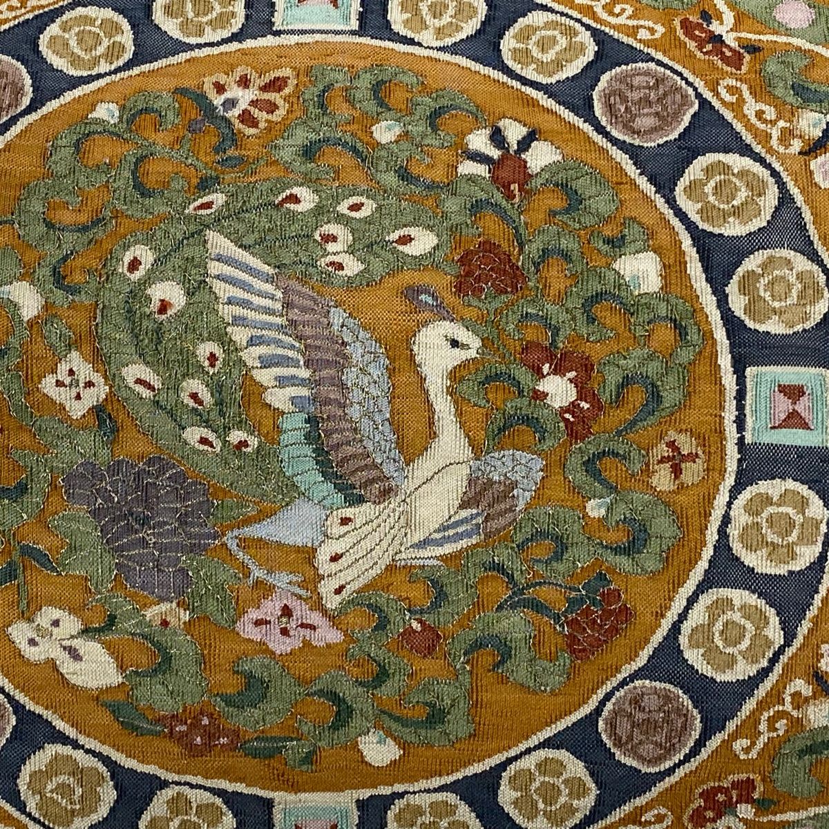 袋帯 孔雀 草花 銀糸 灰茶 お太鼓柄 正絹