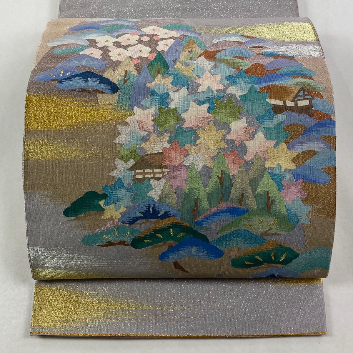 袋帯 樹木 霞 金銀糸 灰紫 お太鼓柄 正絹