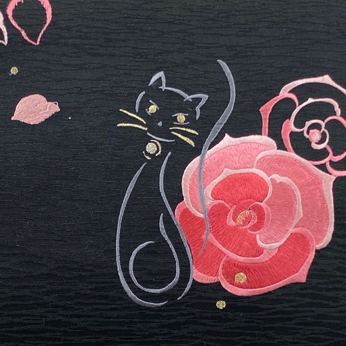 袋名古屋帯 想屋 猫 金糸 黒 正絹