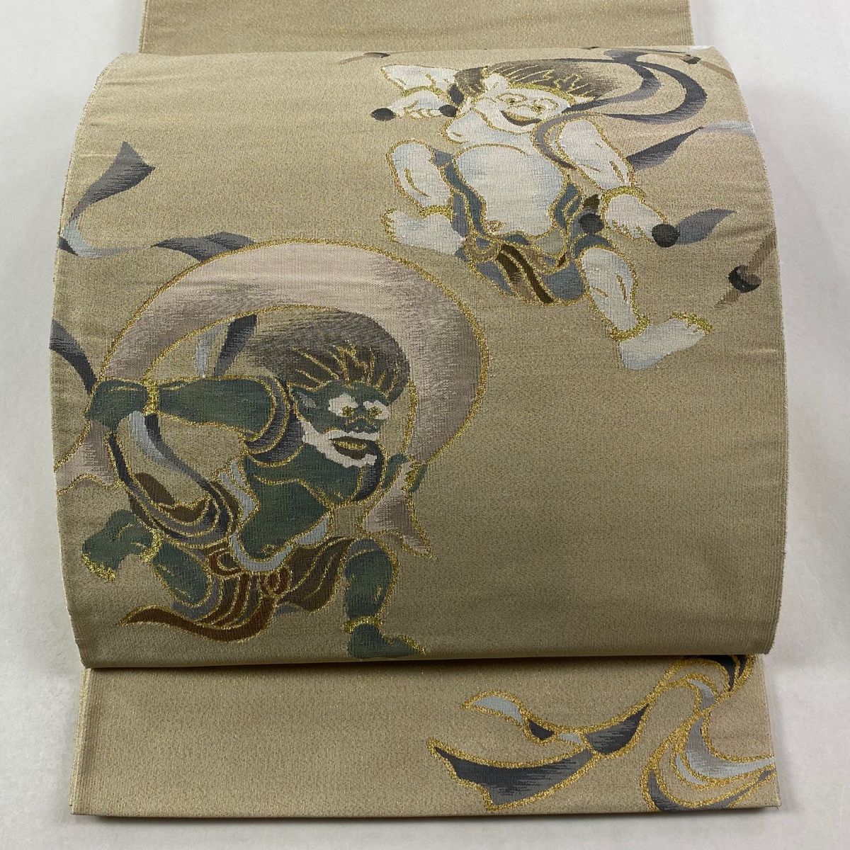 袋帯 風神 雷神 金糸 箔 灰茶 お太鼓柄 正絹