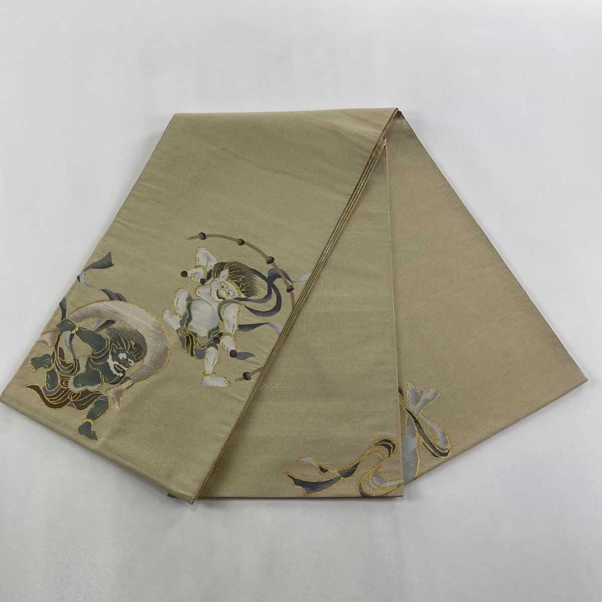  袋帯 風神 雷神 金糸 箔 灰茶 お太鼓柄 正絹 袋帯 帯