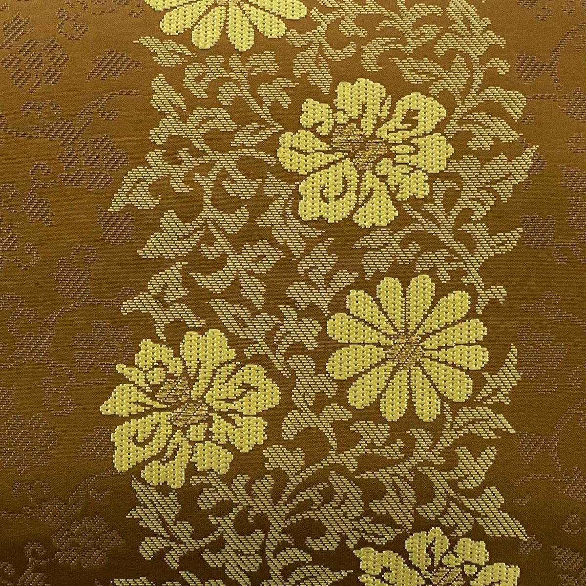 袋帯 じゅらく 落款 黄皇糸 草花 刺繍 金糸 茶色 六通 正絹