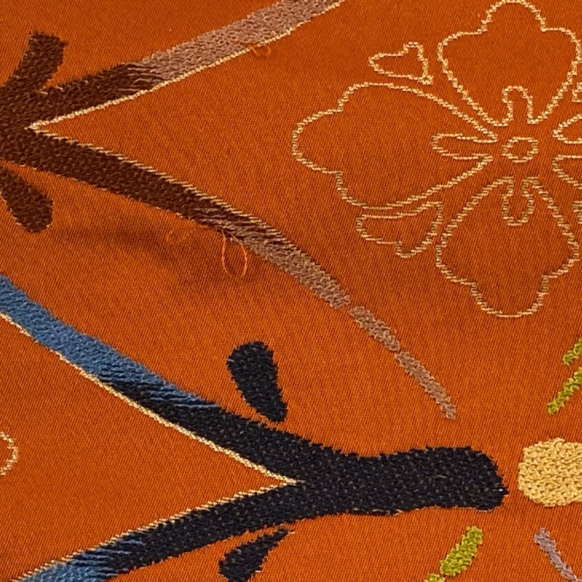  袋帯 白綾苑大庭 落款 七宝 花菱 箔 刺繍 オレンジ 六通 正絹 袋帯 帯