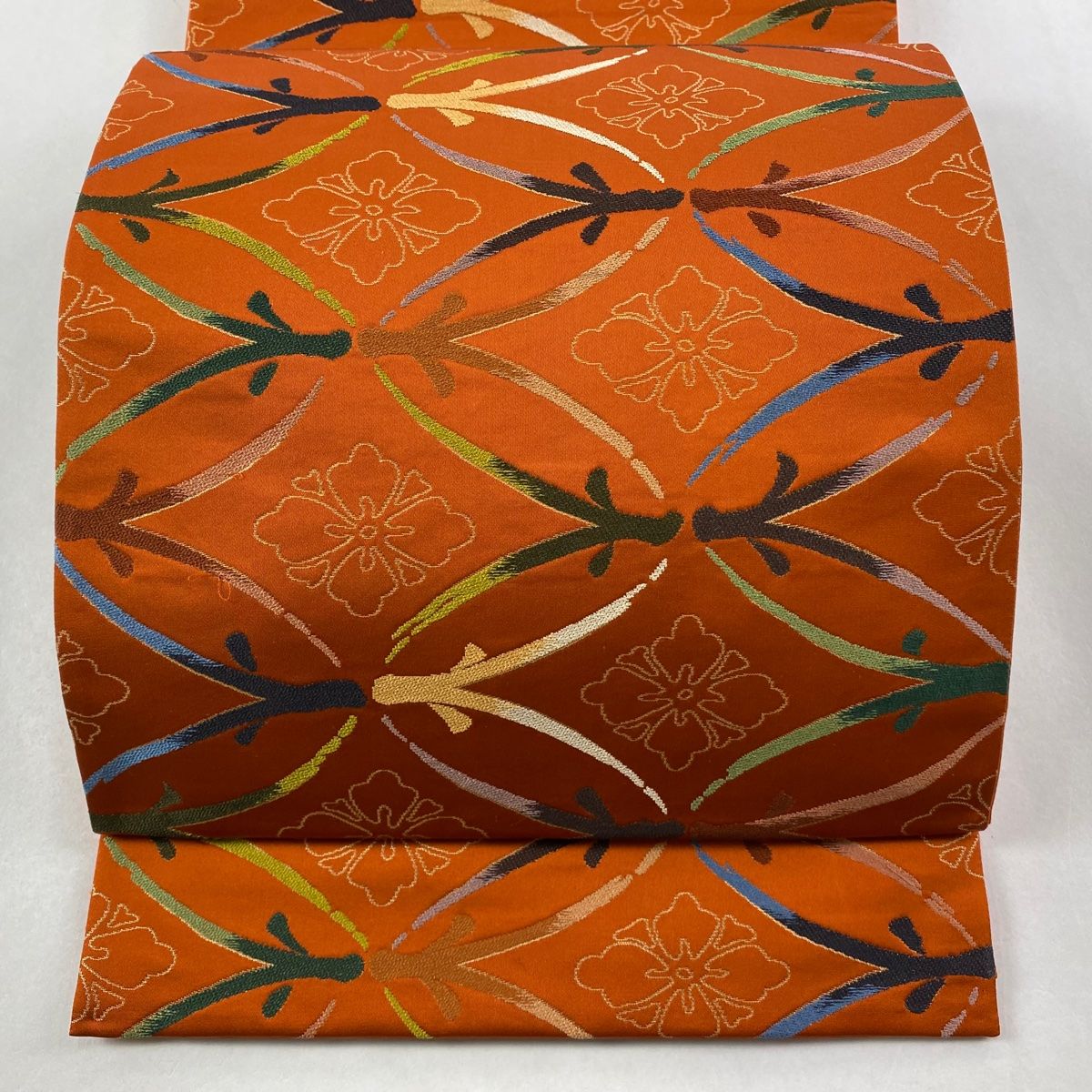 袋帯 白綾苑大庭 落款 七宝 花菱 箔 刺繍 オレンジ 六通 正絹