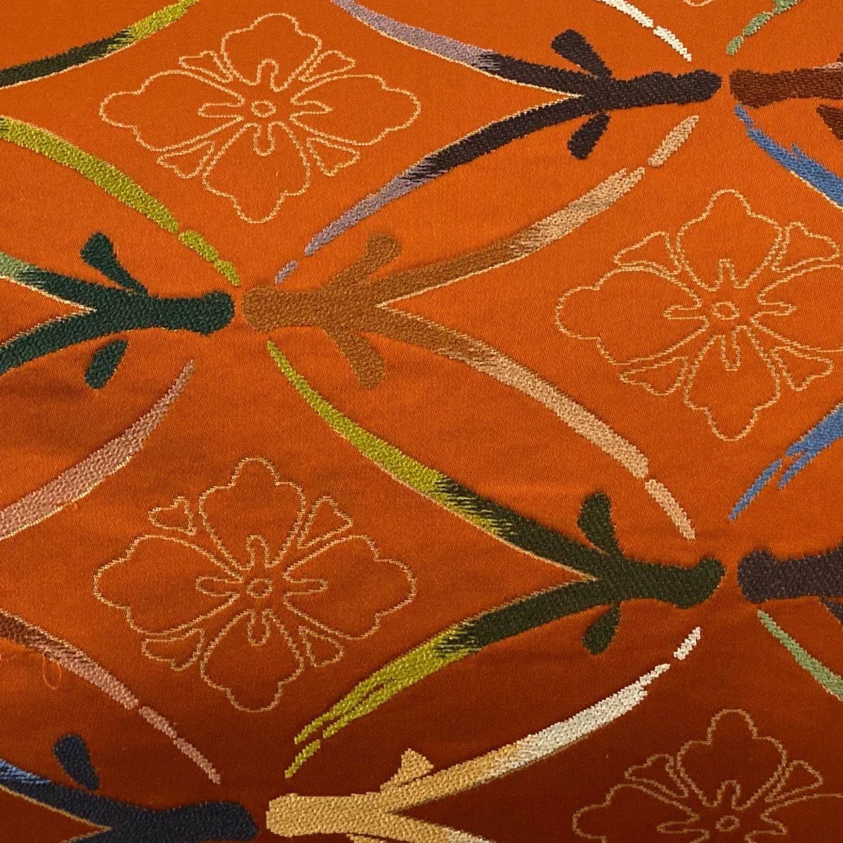 袋帯 白綾苑大庭 落款 七宝 花菱 箔 刺繍 オレンジ 六通 正絹