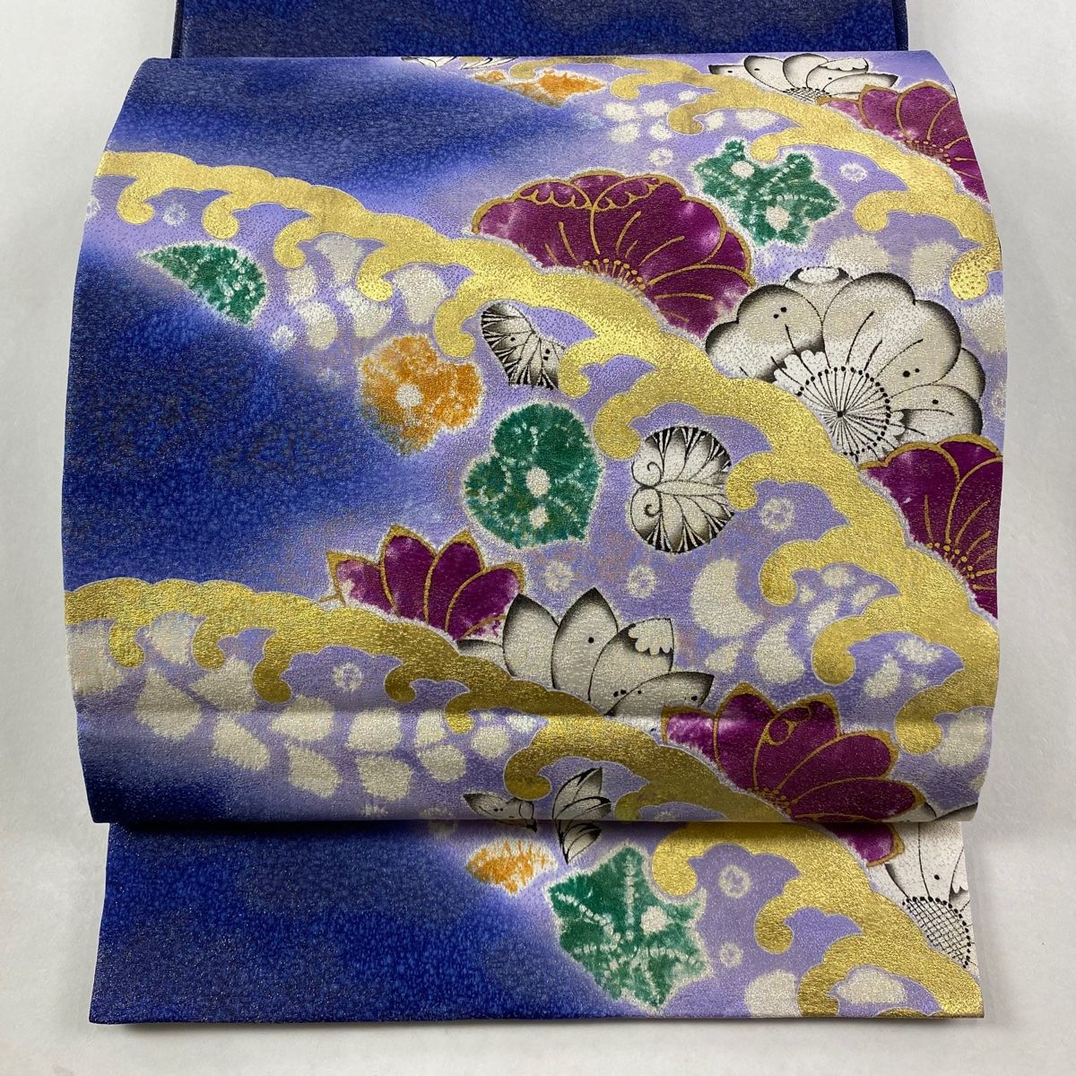 袋帯 辻が花 波 金通し 金彩 青紫 お太鼓柄 正絹