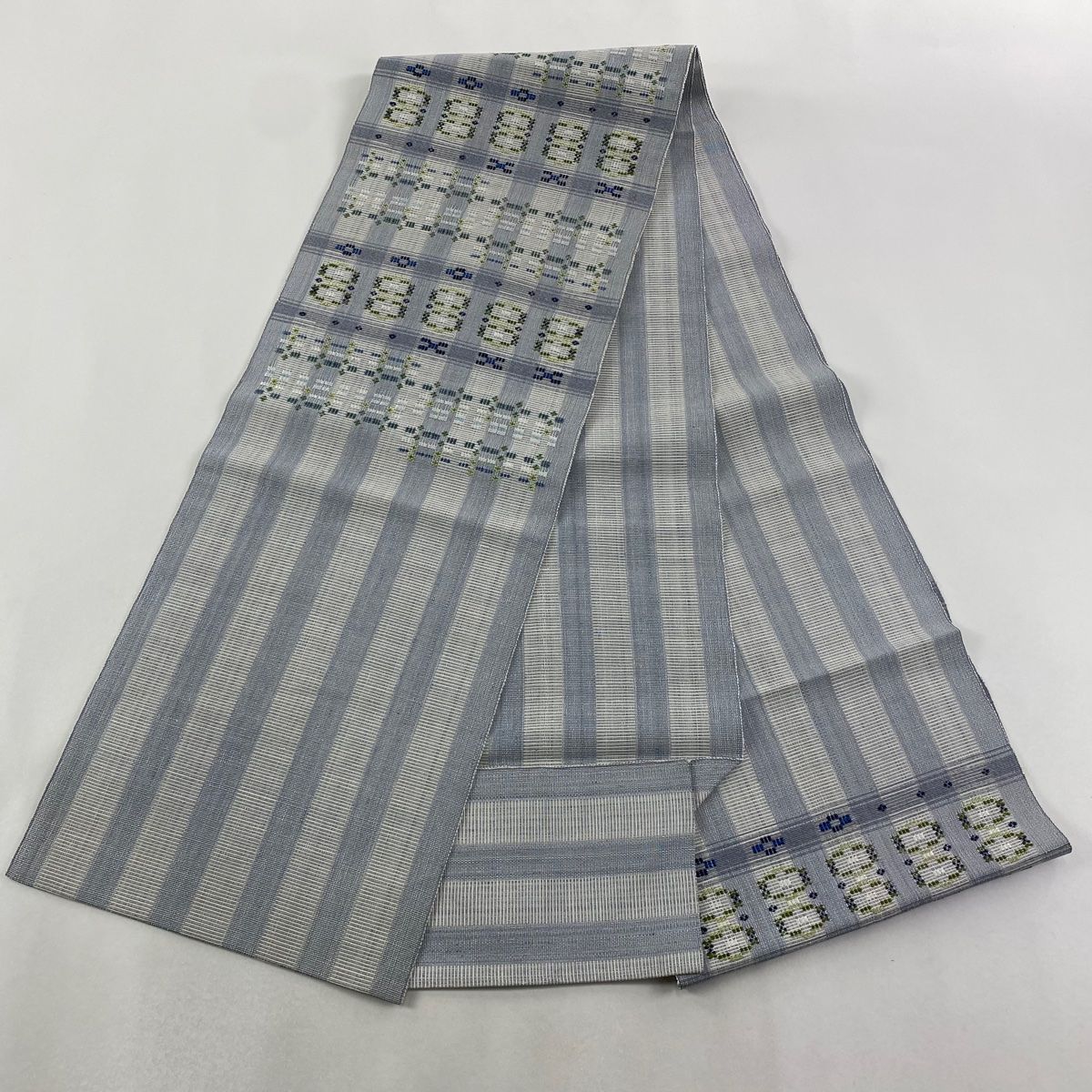  名古屋帯 八寸名古屋帯 松葉仕立て 格子 幾何学模様 青灰色 正絹 名古屋帯 帯