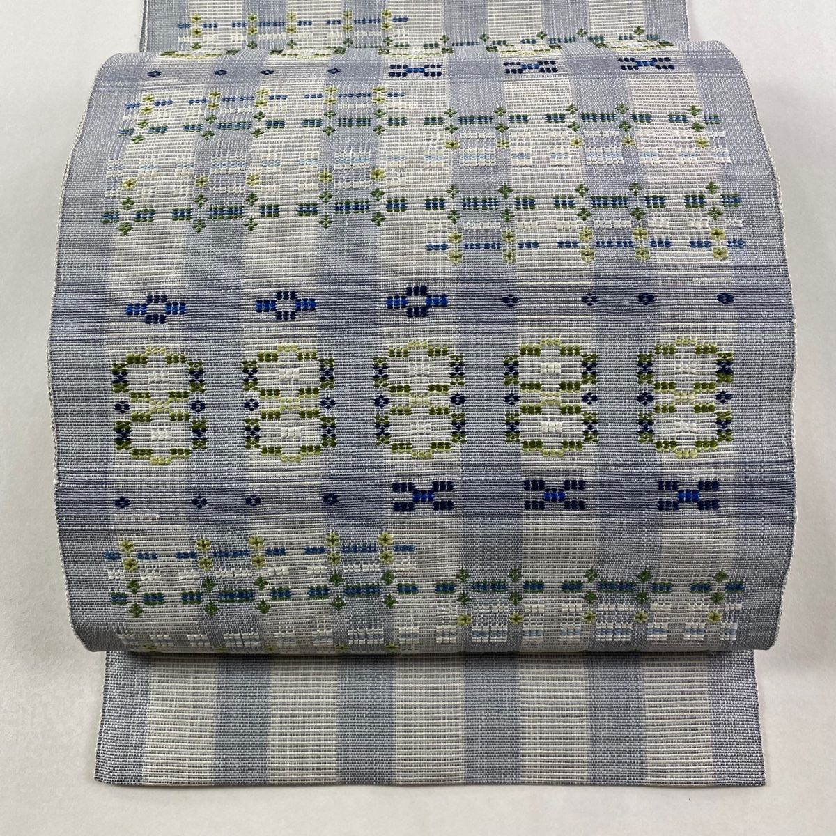 名古屋帯 八寸名古屋帯 松葉仕立て 格子 幾何学模様 青灰色 正絹