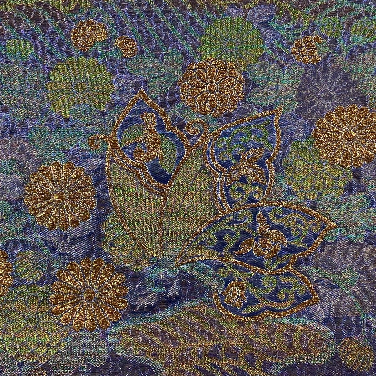 袋帯 佐波理 落款 佐波理綴 蝶 菊 箔 ラメ糸 紫 六通 正絹