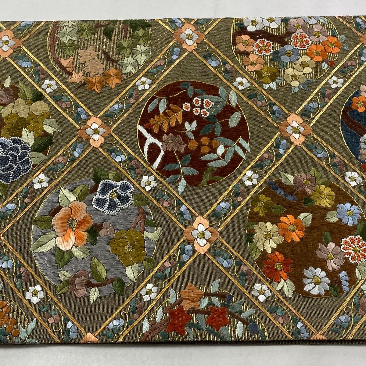  袋帯 格天井 草花 刺繍 金糸 灰緑 六通 正絹 袋帯 帯