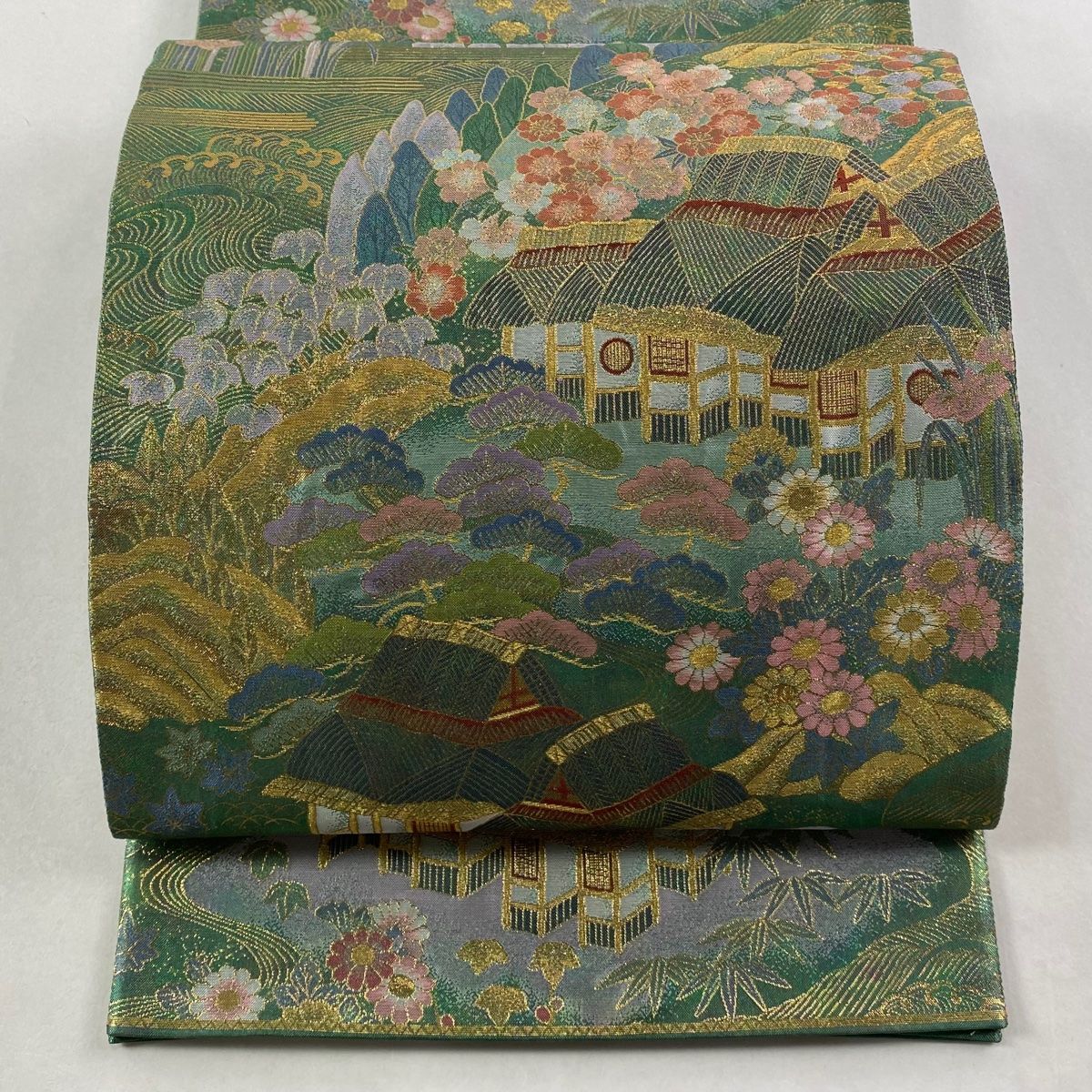 袋帯 関西仕立て 風景 建物 金糸 箔 緑 全通 正絹