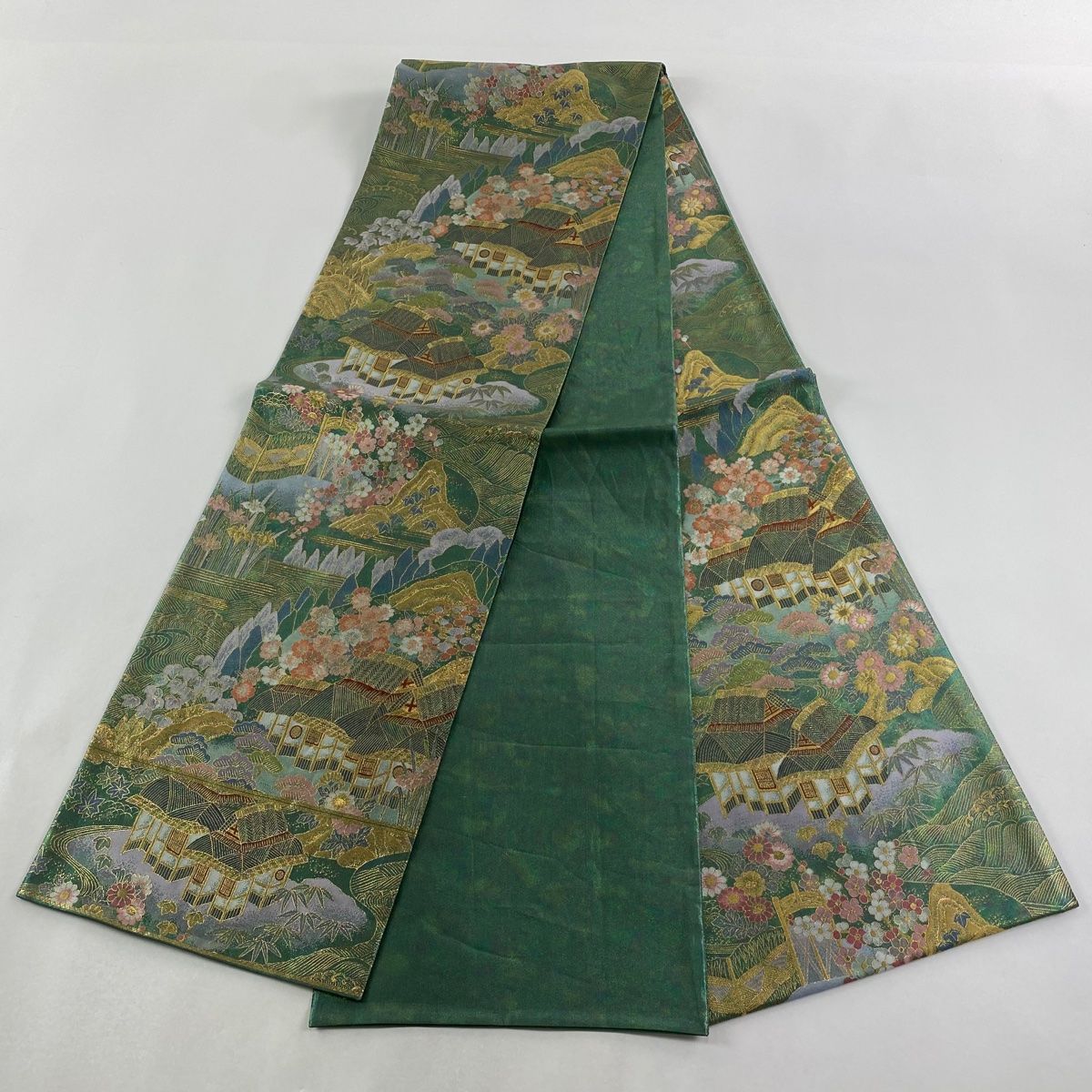  袋帯 関西仕立て 風景 建物 金糸 箔 緑 全通 正絹 袋帯 帯