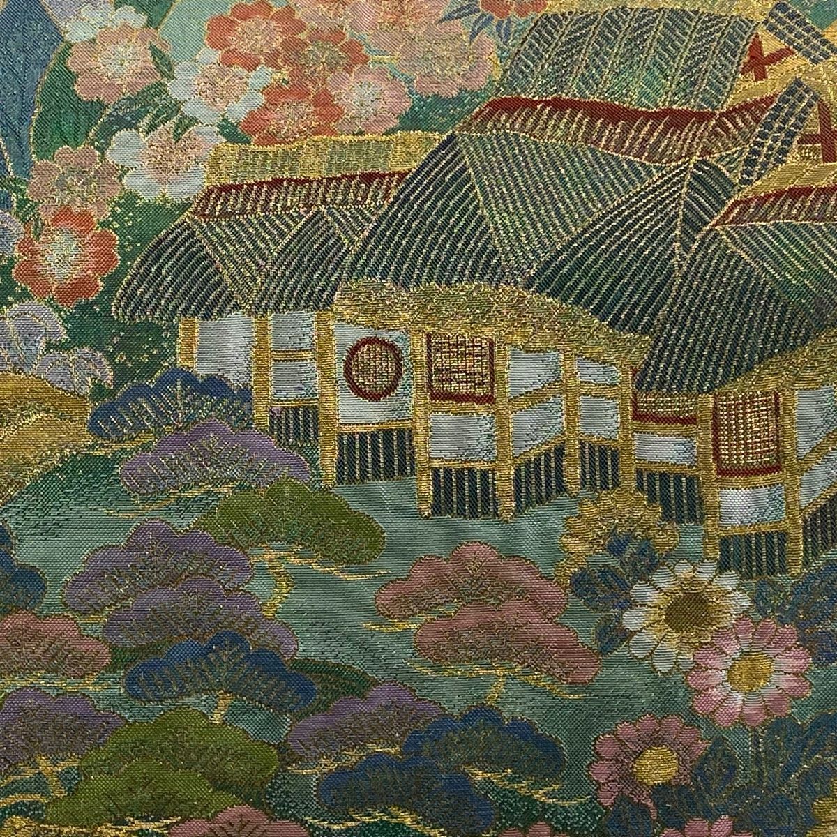 袋帯 関西仕立て 風景 建物 金糸 箔 緑 全通 正絹