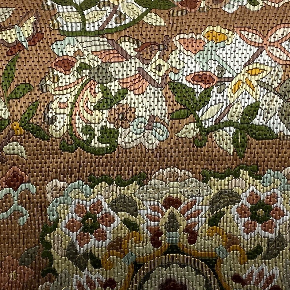 袋帯 華文 花鳥 金糸 絽刺し 茶色 全通 正絹