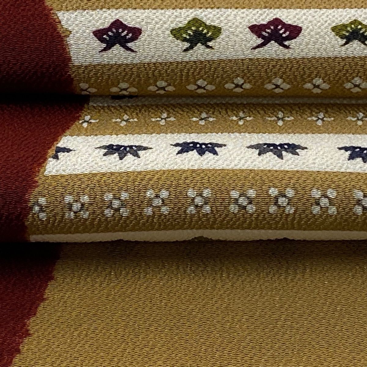  名古屋帯 栗山吉三郎 落款 段縞 松竹梅 縮緬 赤茶 正絹 名古屋帯 帯