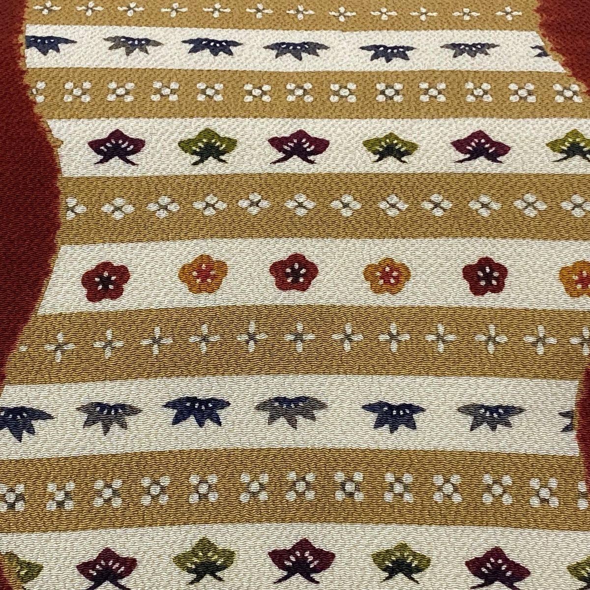 名古屋帯 栗山吉三郎 落款 段縞 松竹梅 縮緬 赤茶 正絹