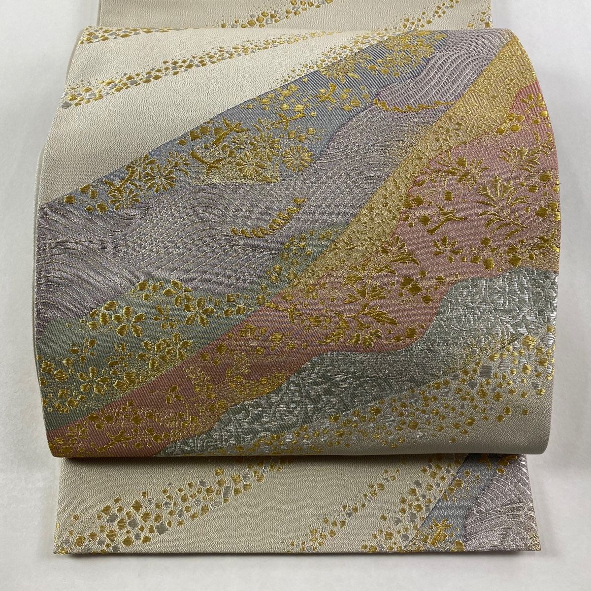 袋帯 祥園 落款 草花 波 金銀糸 箔 灰茶 六通 正絹