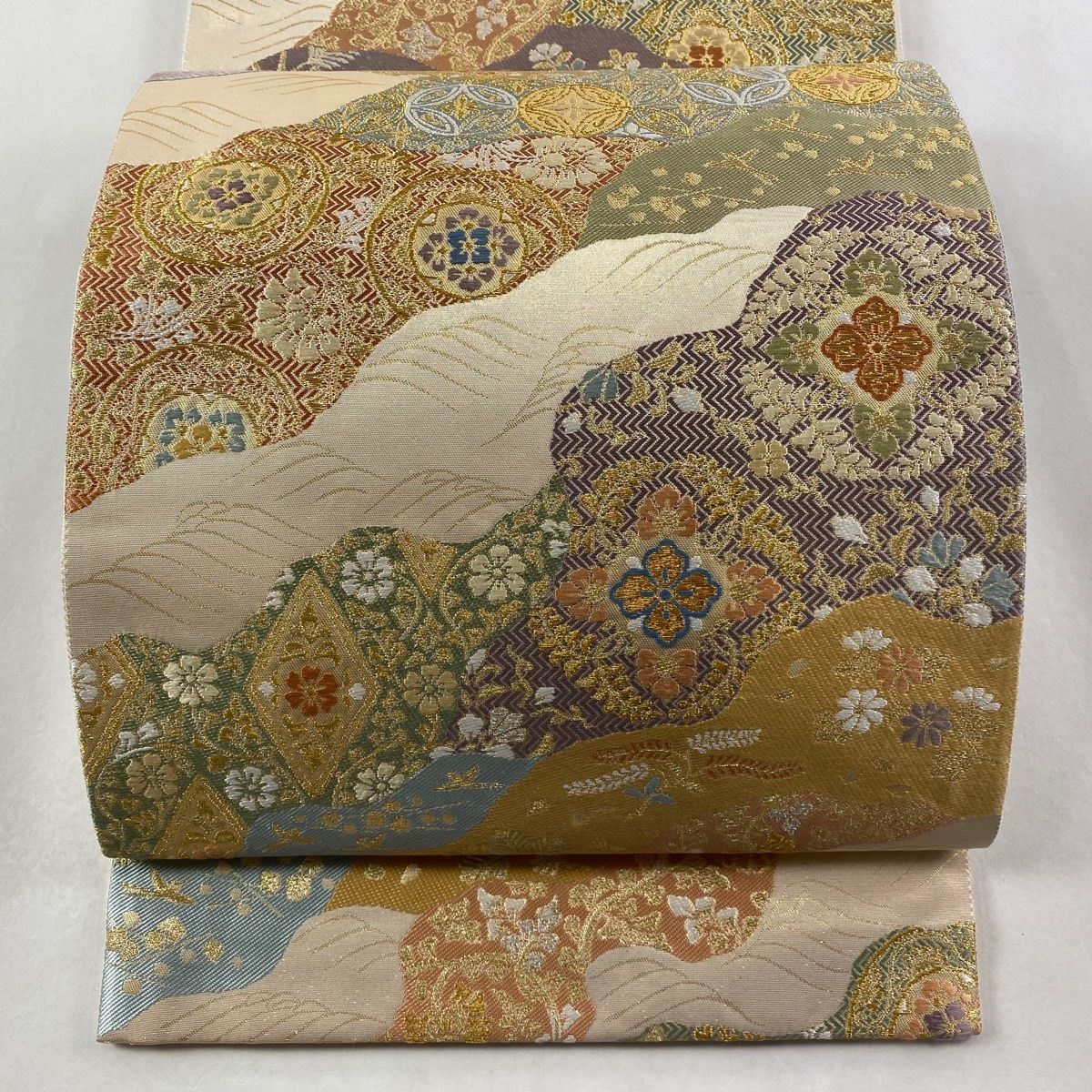 袋帯 落款 華文 道長取り 金糸 箔 金色 六通 正絹