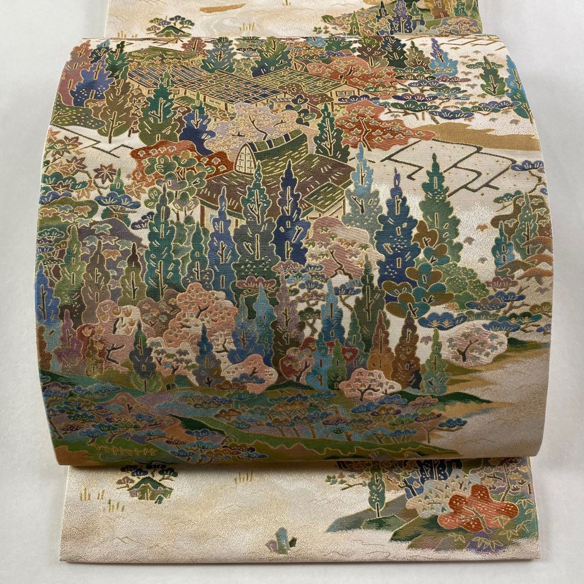 袋帯 建物 樹木 箔 ベージュ 六通 正絹