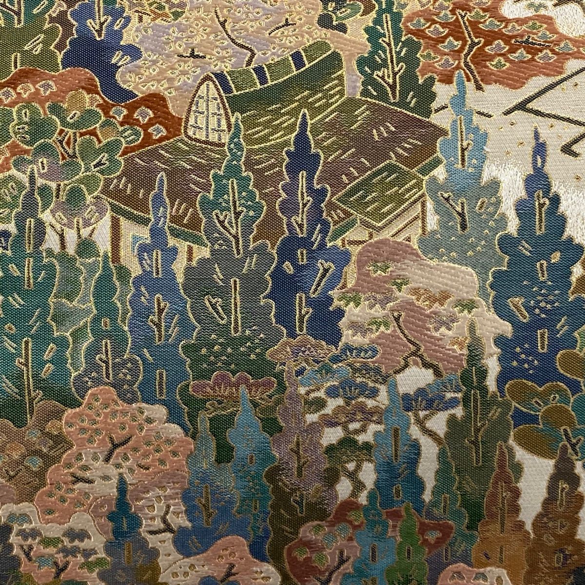 袋帯 建物 樹木 箔 ベージュ 六通 正絹