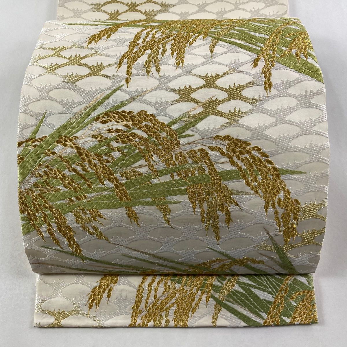 袋帯 落款 唐織司 山口正夫 早苗稲穂文 金糸 クリーム お太鼓柄 正絹
