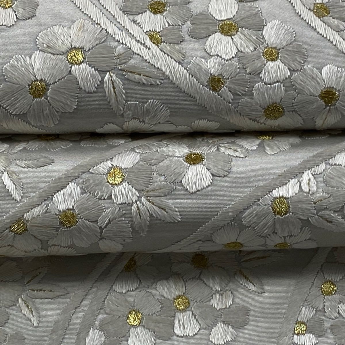  袋帯 やまと 草花 流水 金糸 刺繍 灰色 六通 正絹 袋帯 帯