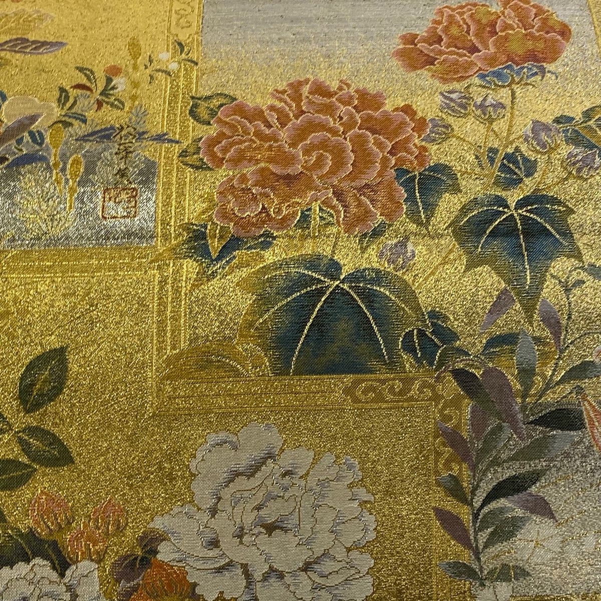 丸帯 色紙 草花 金糸 箔 金色 お太鼓柄 正絹