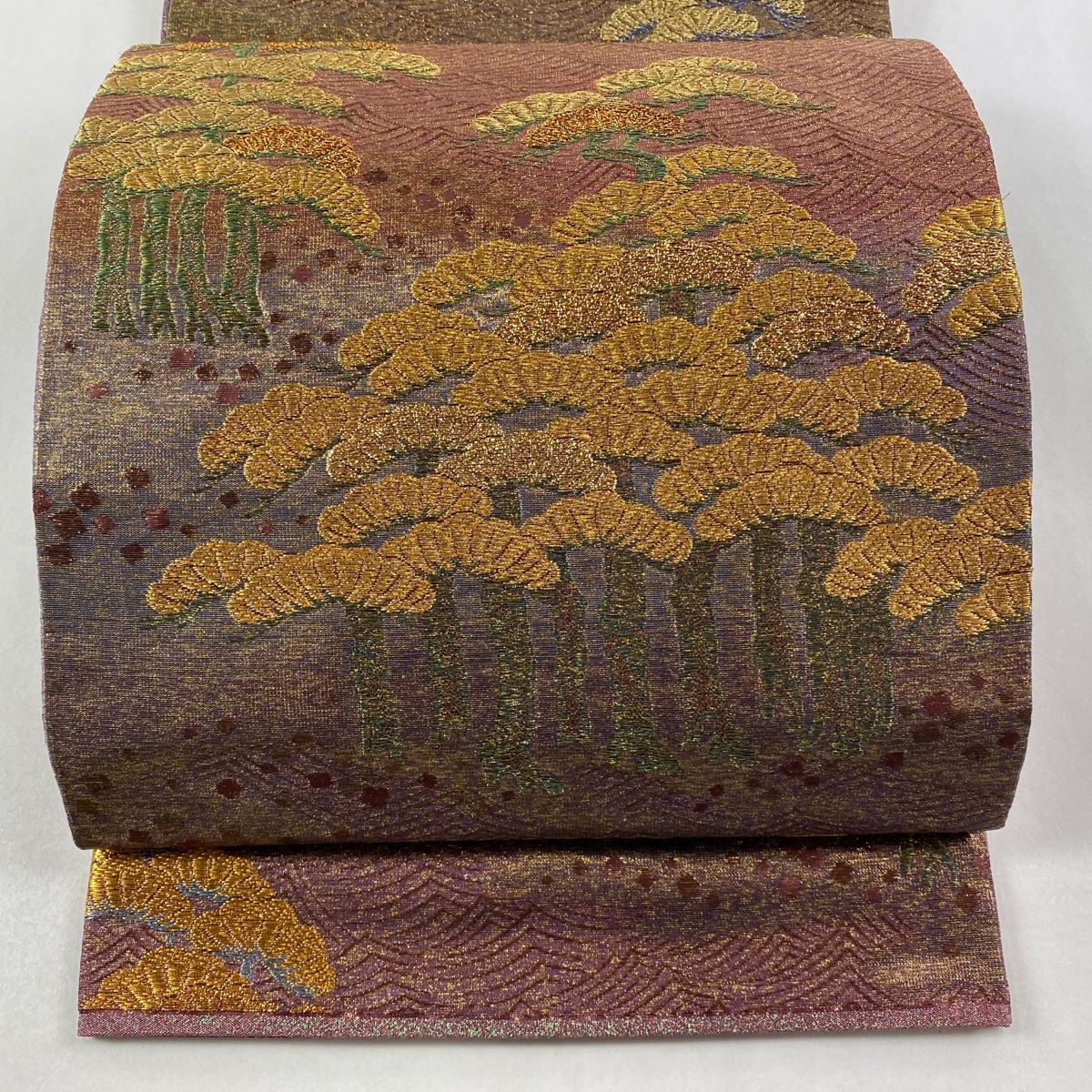 袋帯 佐波理 落款 松 波 金糸 箔 赤紫 六通 正絹
