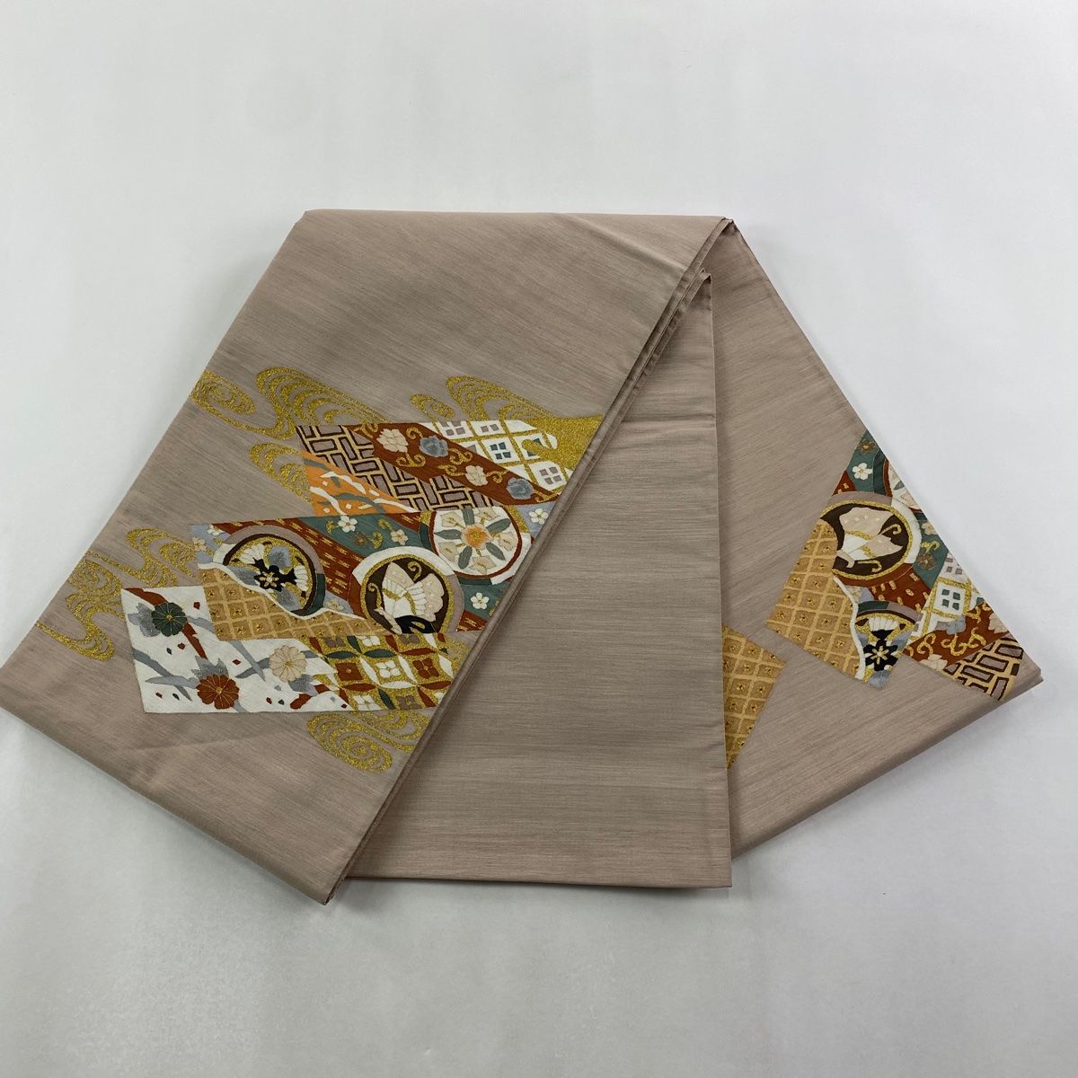  袋帯 丸文 観世水 金糸 薄小豆 お太鼓柄 正絹 袋帯 帯