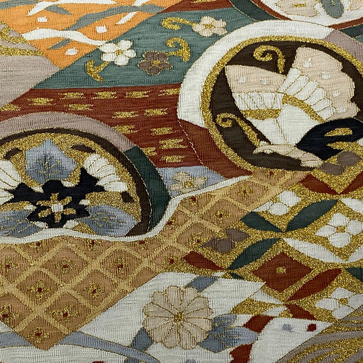 袋帯 丸文 観世水 金糸 薄小豆 お太鼓柄 正絹