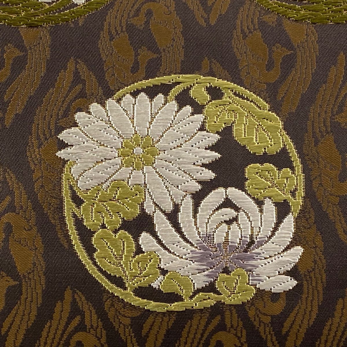 美品】 袋帯 逸品 誉田屋源兵衛 落款 花丸文 向かい鳥 唐織 箔 茶色