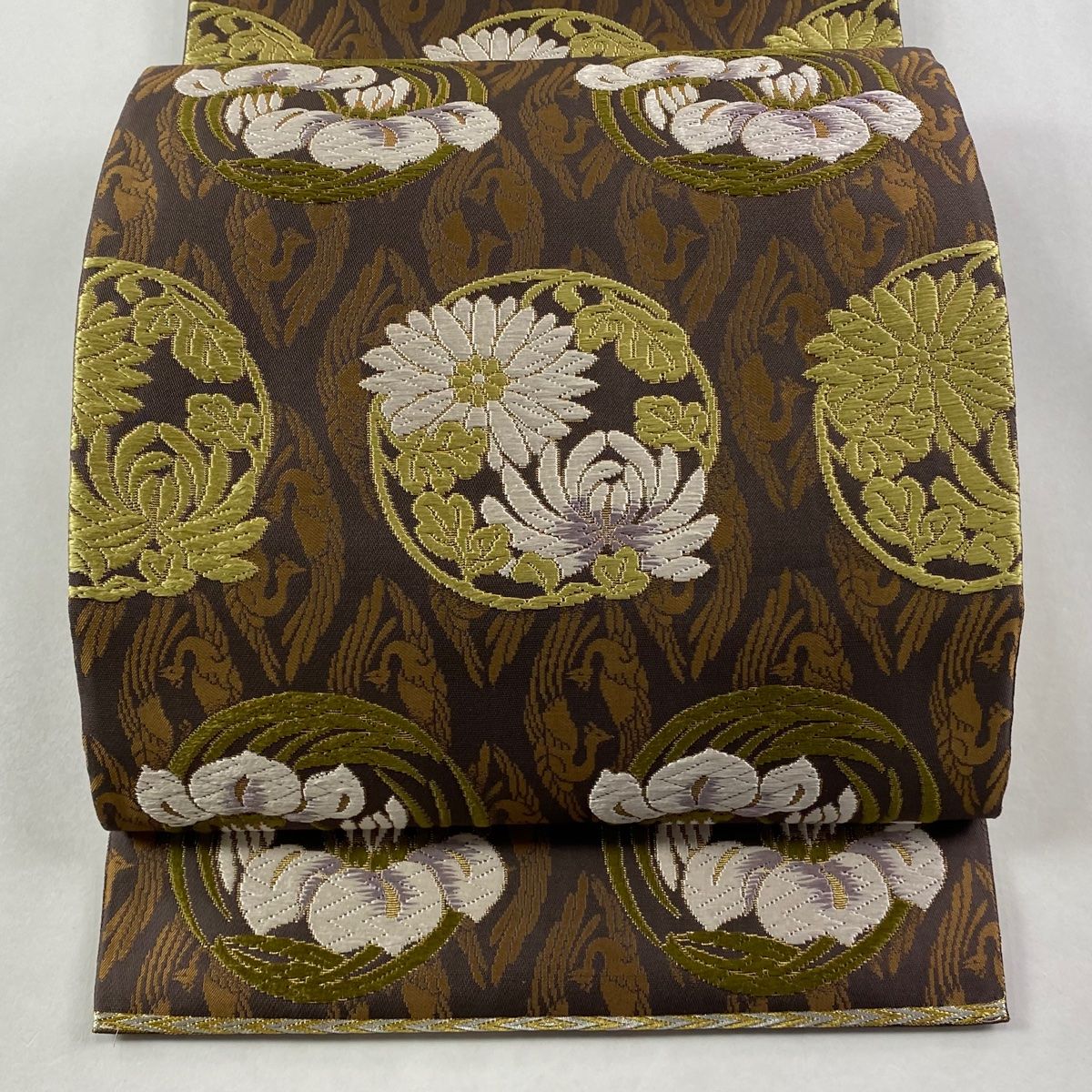 美品】 袋帯 逸品 誉田屋源兵衛 落款 花丸文 向かい鳥 唐織 箔 茶色