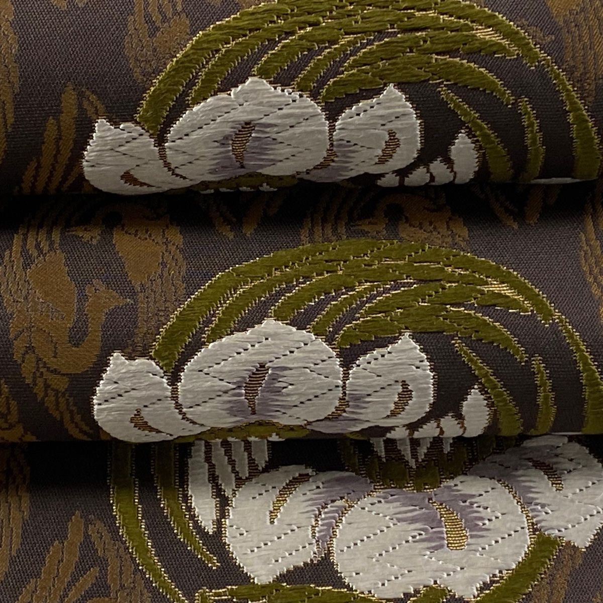 美品】 袋帯 逸品 誉田屋源兵衛 落款 花丸文 向かい鳥 唐織 箔 茶色