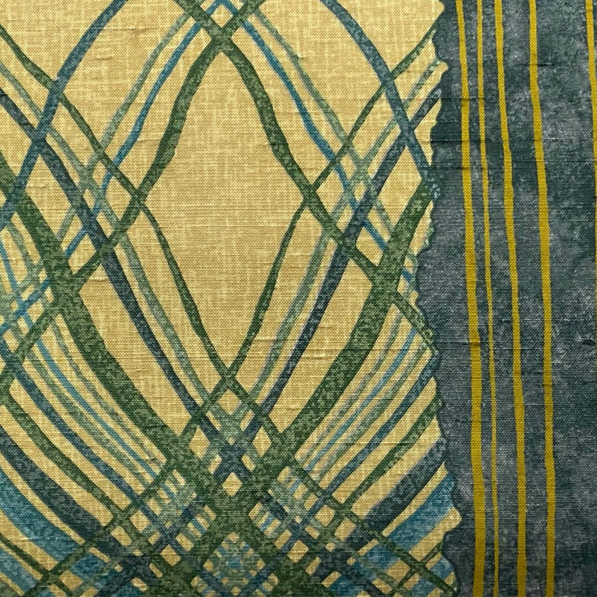 袋帯 落款 牛首紬地 よろけ縞 幾何学 黄土色 全通 正絹