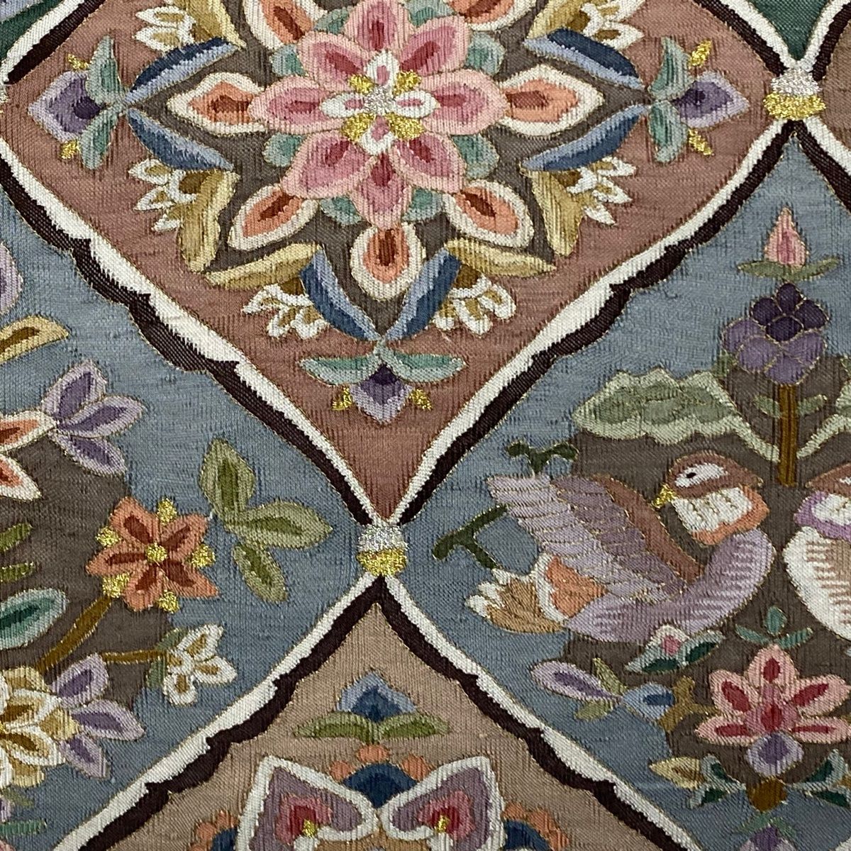 袋帯 華文 向かい鳥 金銀糸 ベージュ お太鼓柄 正絹