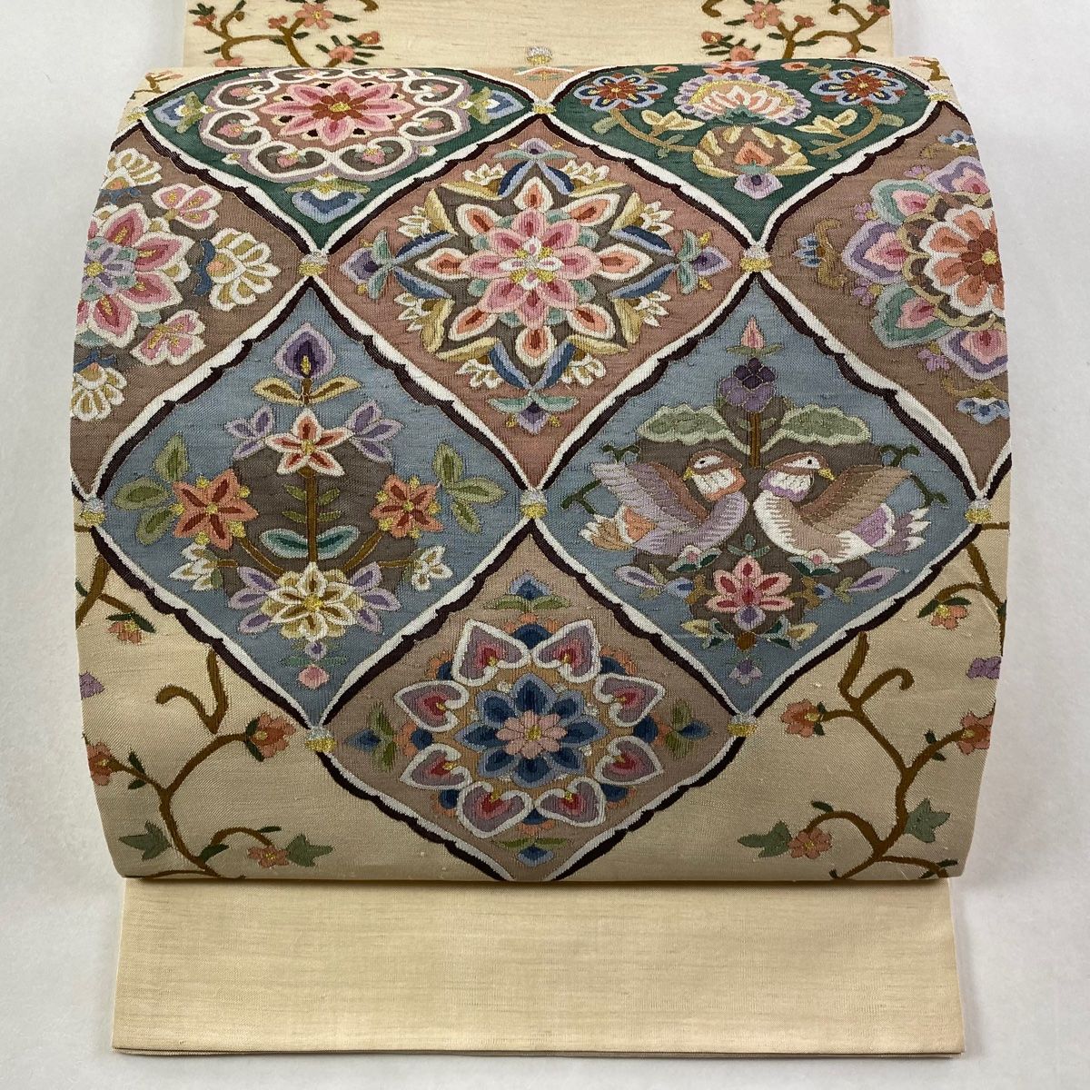 袋帯 華文 向かい鳥 金銀糸 ベージュ お太鼓柄 正絹