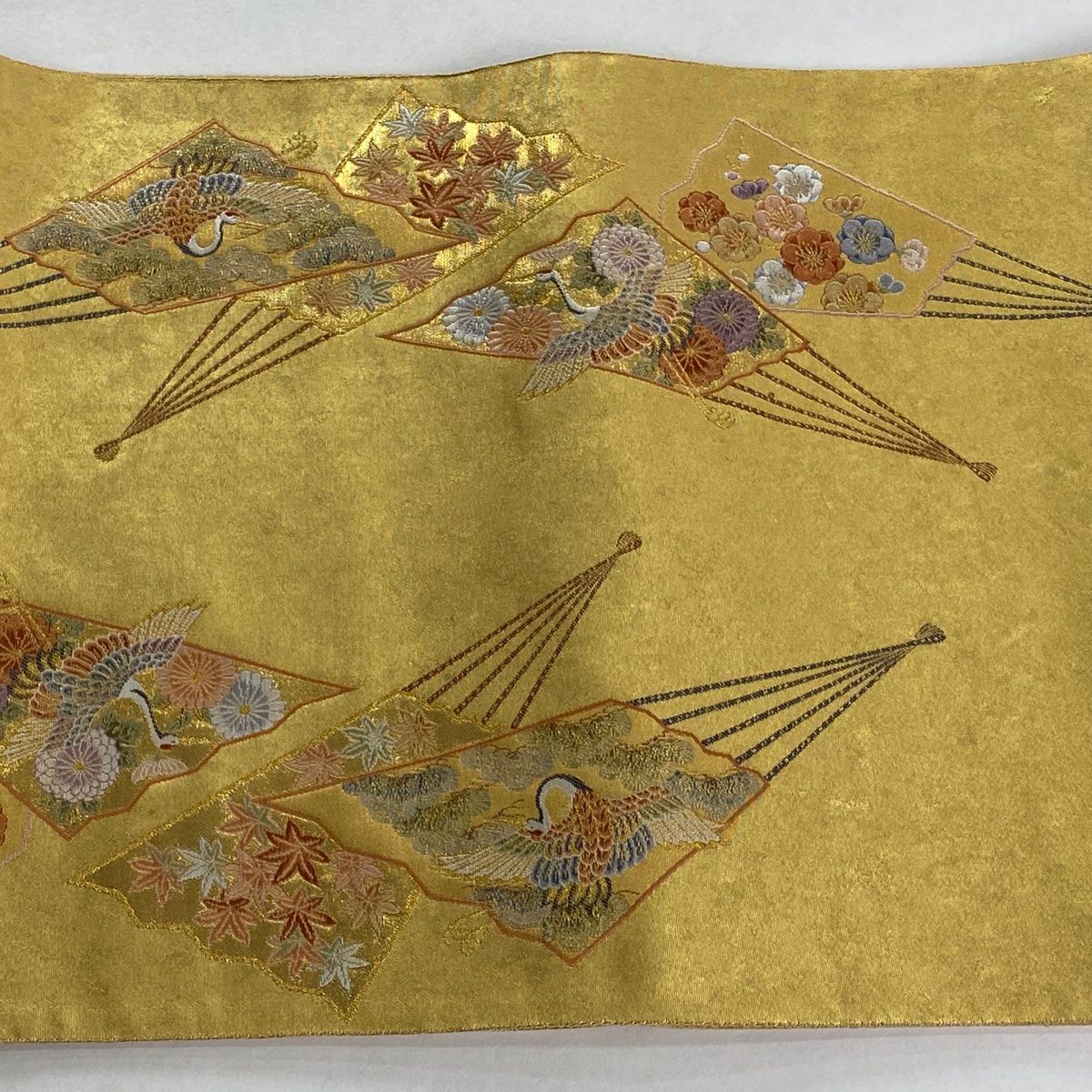  袋帯 長嶋成織物 落款 瀞金錦 扇 草花 刺繍 金色 六通 正絹 袋帯 帯