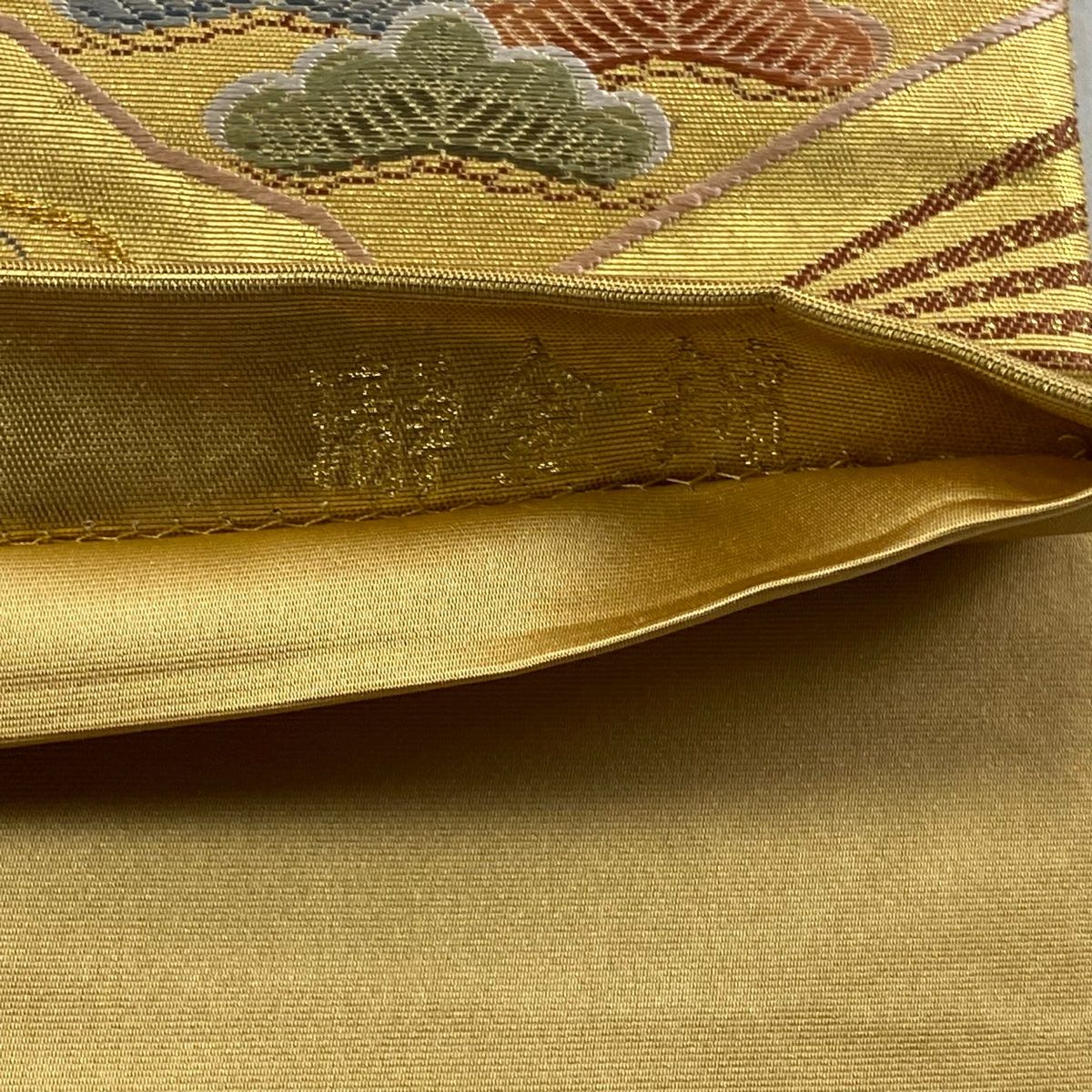 美品】 袋帯 逸品 長嶋成織物 落款 瀞金錦 扇 草花 刺繍 金色 六通