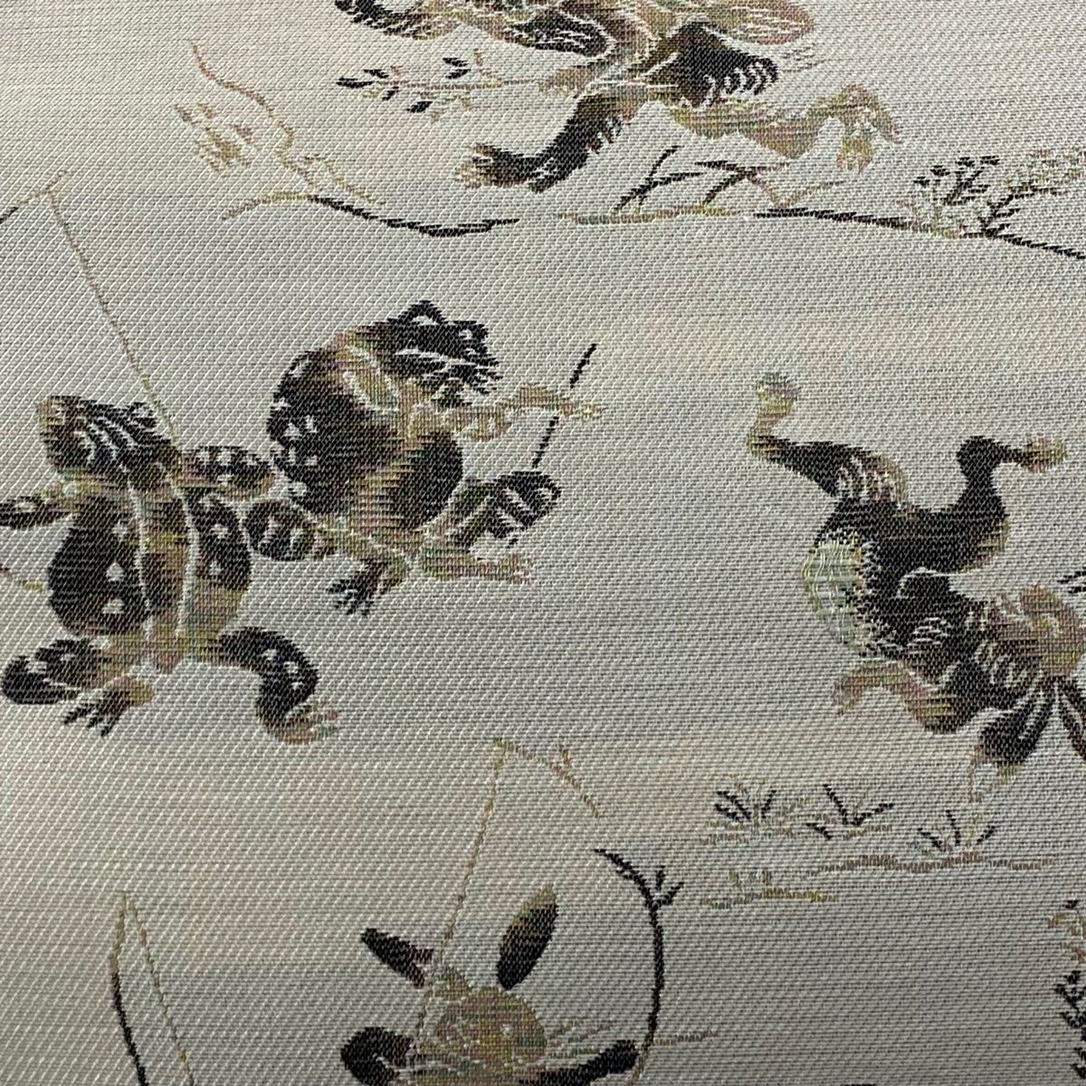 袋帯 黄金ムガ 鳥獣戯画 金糸 灰茶 六通 正絹