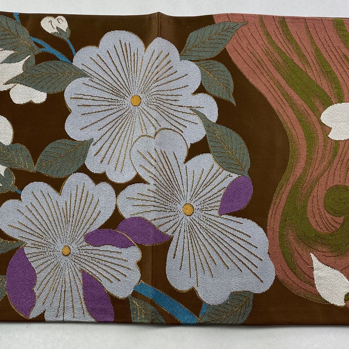  袋帯 辻村ジュサブロー 落款 草花 波 箔 茶色 六通 正絹 袋帯 帯