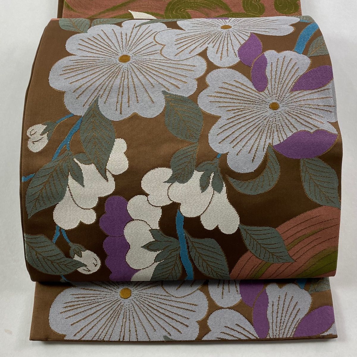 袋帯 辻村ジュサブロー 落款 草花 波 箔 茶色 六通 正絹