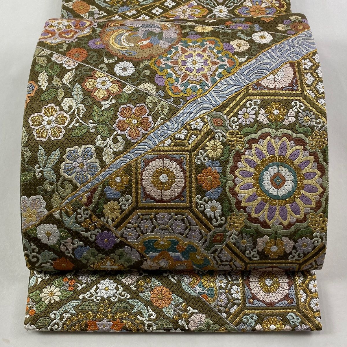 袋帯 華文 花唐草 絽刺し 箔 茶緑色 全通 正絹