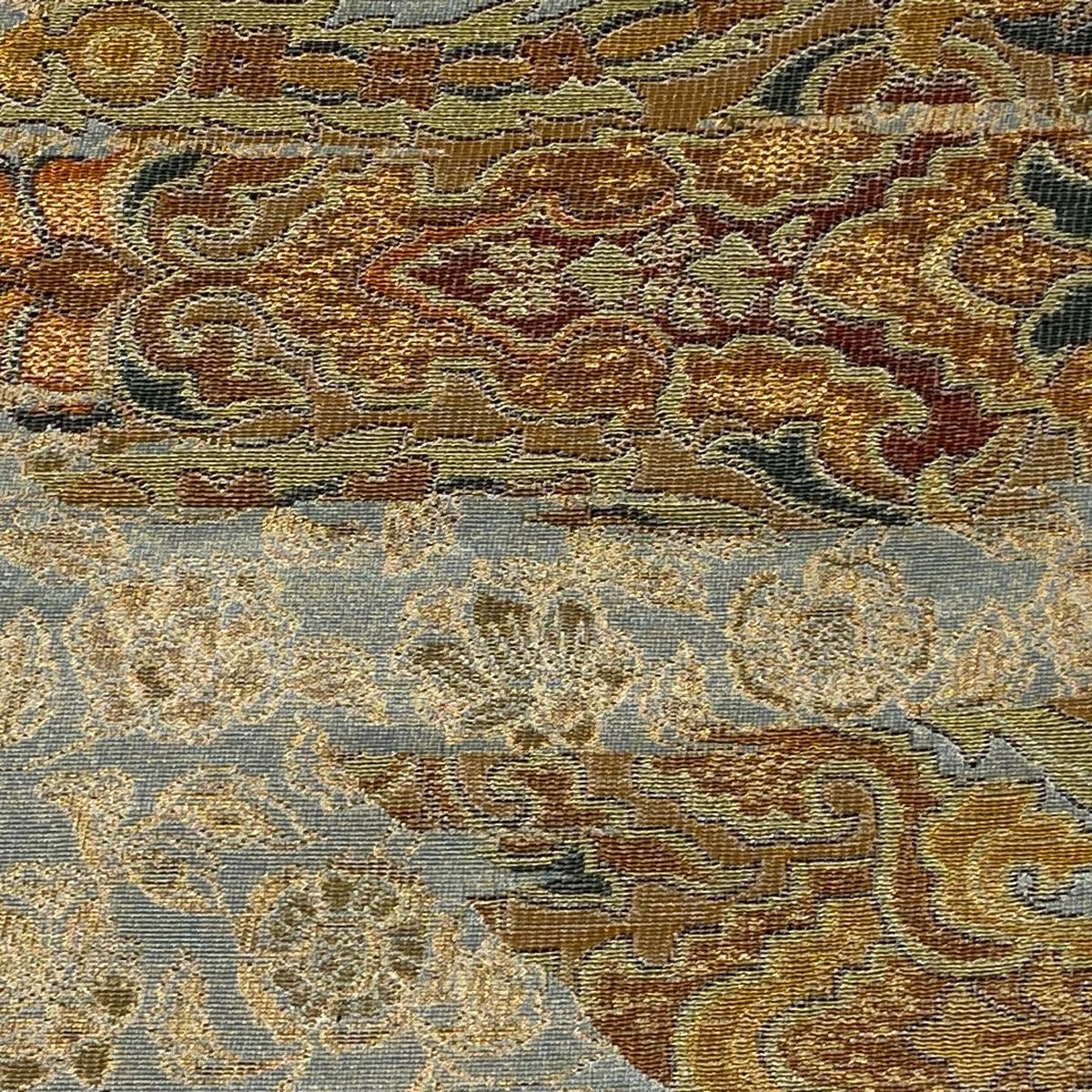 袋帯 紋屋井関 落款 御寮織 花唐草 幾何学 金糸 箔 灰緑 六通 正絹