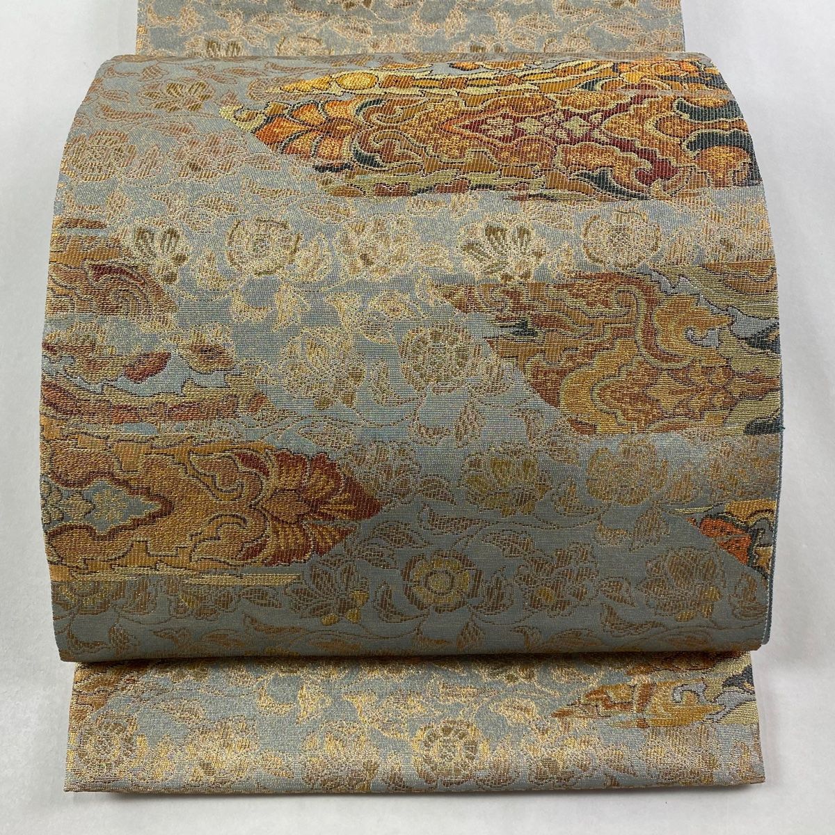 袋帯 紋屋井関 落款 御寮織 花唐草 幾何学 金糸 箔 灰緑 六通 正絹