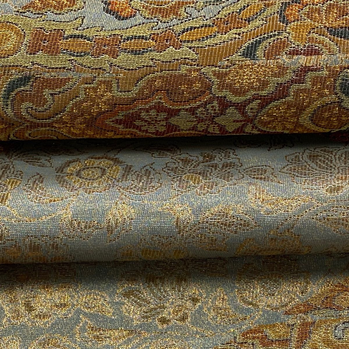  袋帯 紋屋井関 落款 御寮織 花唐草 幾何学 金糸 箔 灰緑 六通 正絹 袋帯 帯