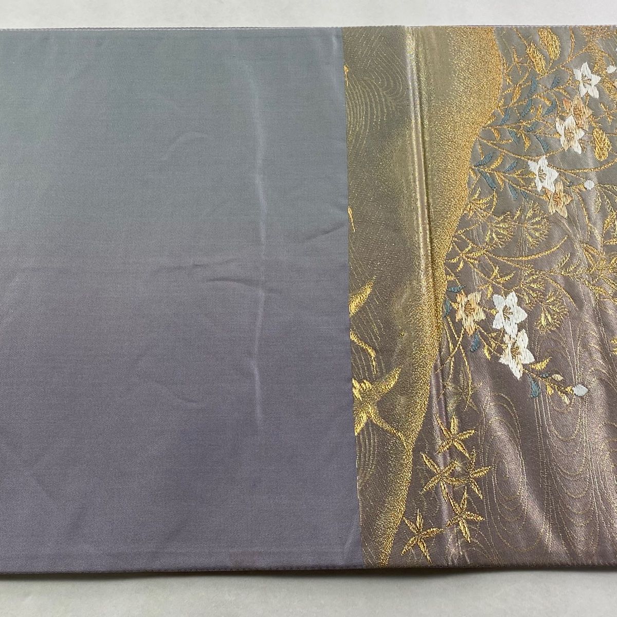  袋帯 じゅらく 落款 帝王紫 扇菊 鶴 金糸 箔 灰紫 お太鼓柄 正絹 袋帯 帯