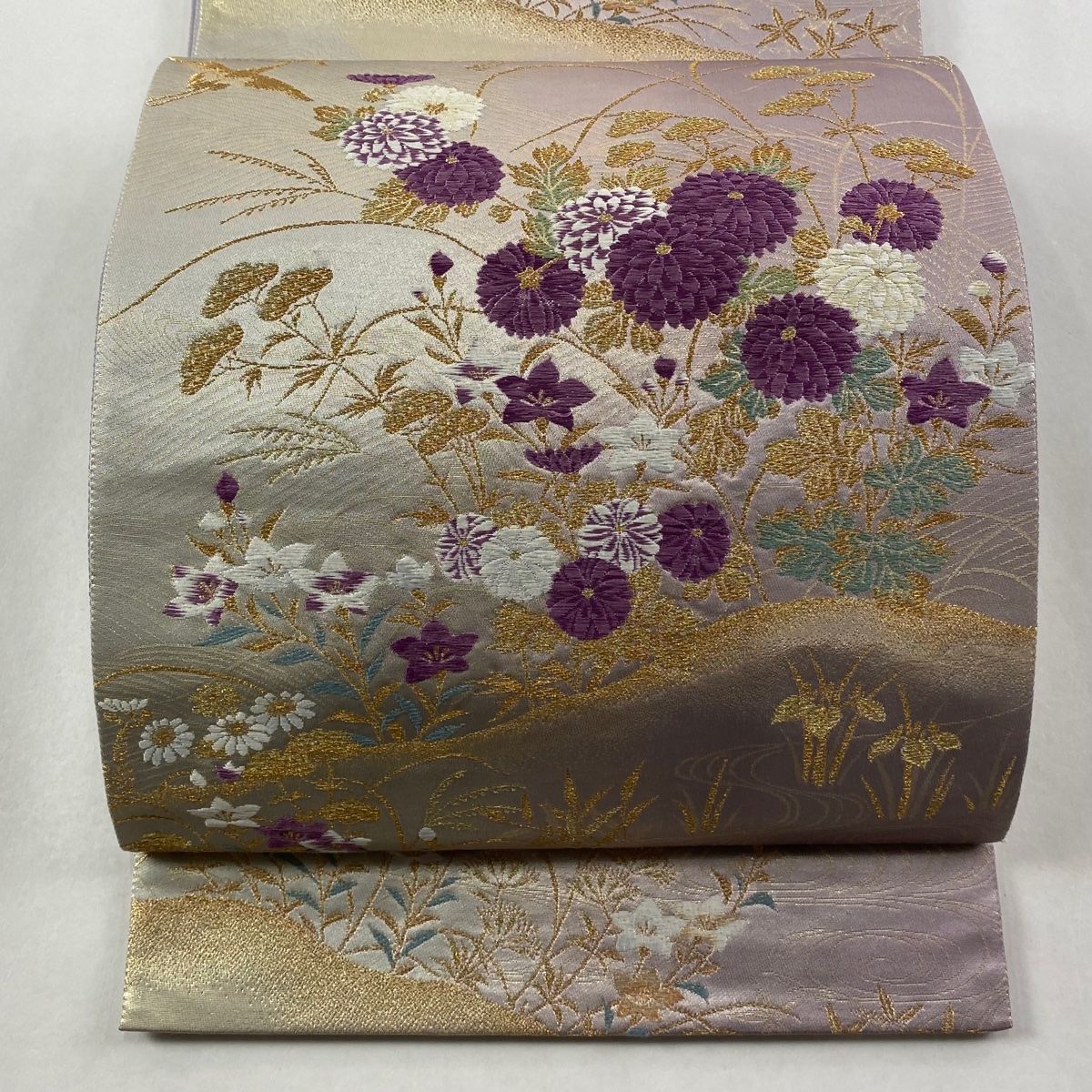 袋帯 じゅらく 落款 帝王紫 扇菊 鶴 金糸 箔 灰紫 お太鼓柄 正絹