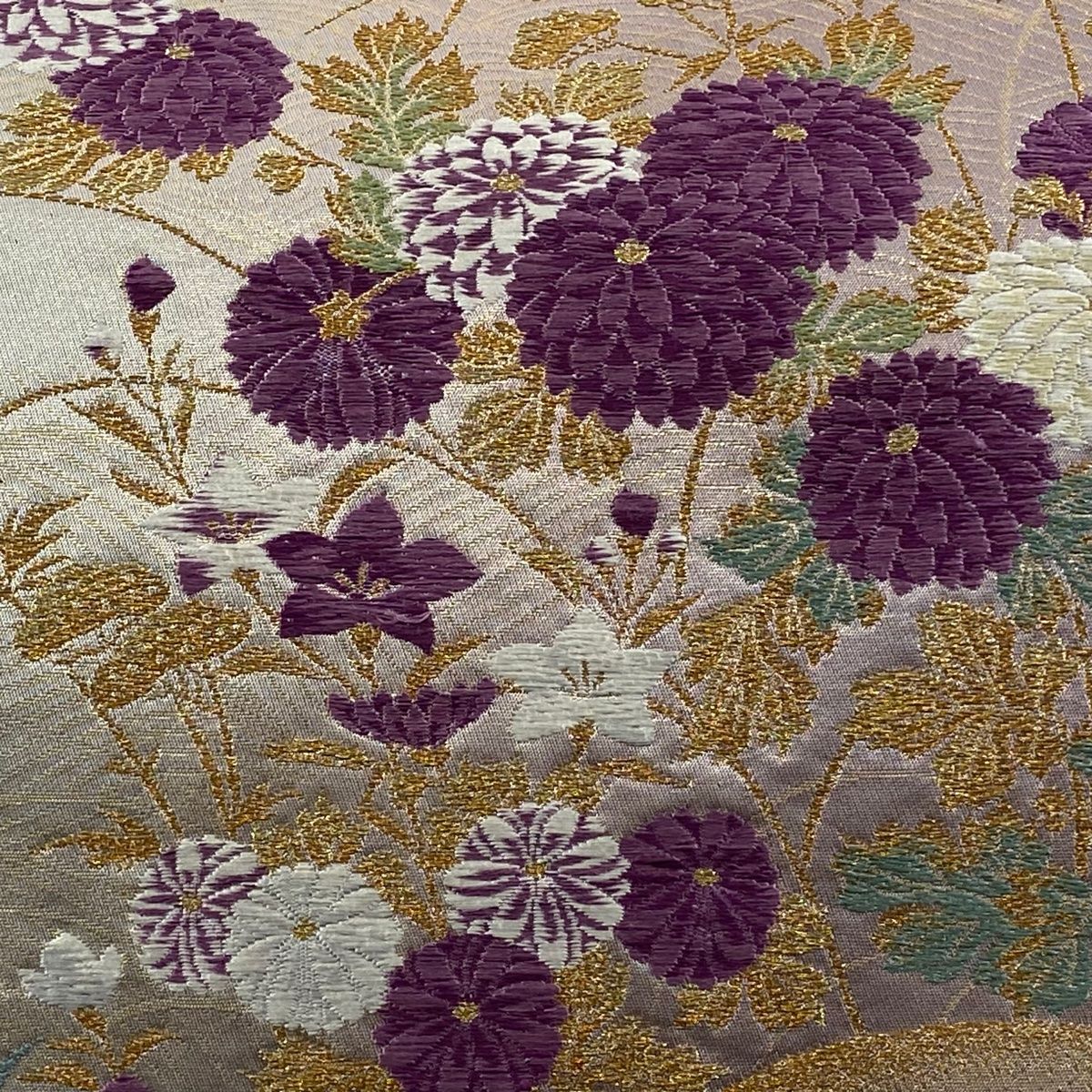 袋帯 じゅらく 落款 帝王紫 扇菊 鶴 金糸 箔 灰紫 お太鼓柄 正絹