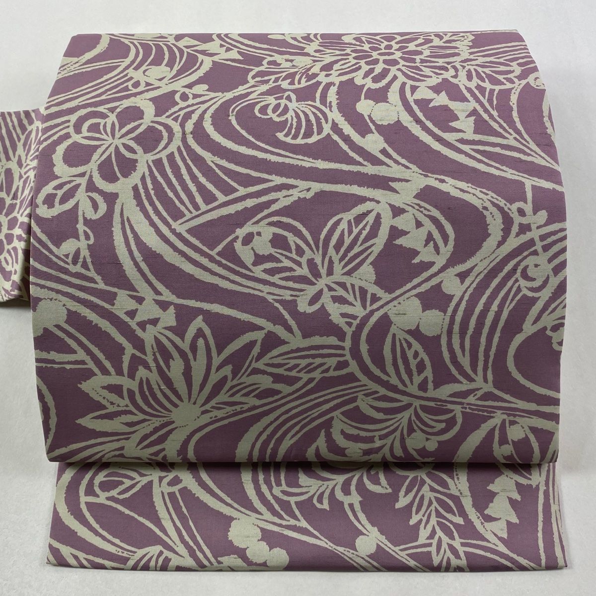 名古屋帯 落款 牛首紬地 草花 流水 薄紫 正絹